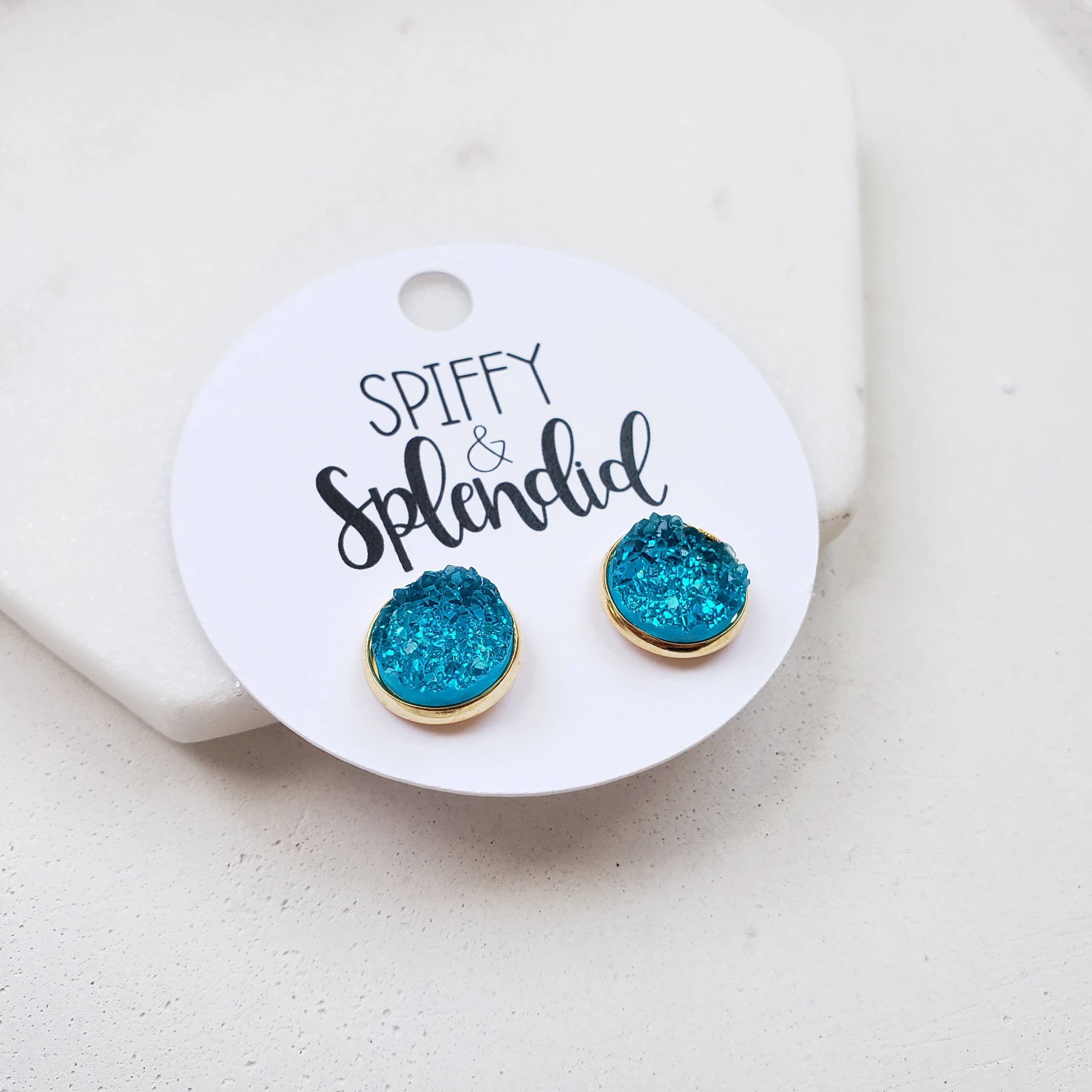 Silver-tone Light Aqua Blue Faux Druzy Stone Stud Earrings 10mm